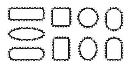Frame with lace border. Scallop edge in square, rectangle and circle shape. Set of black vector decorative templates isolated on white background.