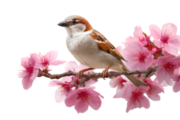  A beautiful bird perched on a branch, surrounded by pink flowers, against a white background