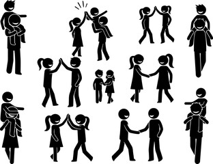 Obraz premium Vector art of diverse stick figures enjoying piggyback rides and high fives