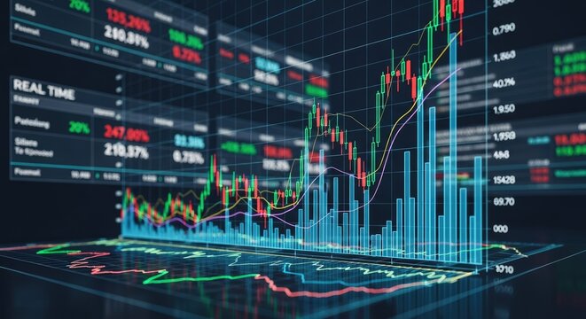 Dynamic financial market data visualization shows upward trending stock charts with real-time analytics and glowing digital displays for business growth insights