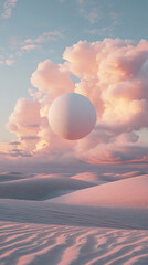 White floating sphere and soft pink clouds over desert.