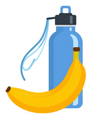Healthy snack banana and reusable water bottle isolated PNG