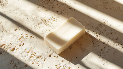 White soap bar resting on stone with soft natural shadows around it