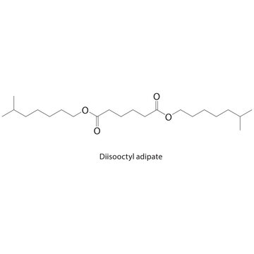 Diisooctyl adipate skeletal structure. Adipate Ester compound schematic illustration. Simple diagram, chemical formula.