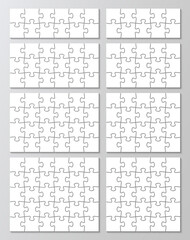 Infographics collection. 9 puzzles grid set. Jigsaw business chain infographic. Process diagram presentation. Business info graphic with steps, parts. Vector illustration