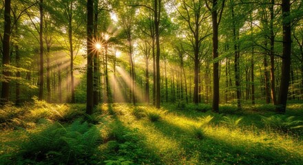 Obraz premium Sunbeams stream through a lush green forest illuminating ferns and undergrowth, creating a magical, serene natural scene.
