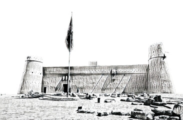 A black-and-white sketch of Masmak Fort, a national landmark in Riyadh