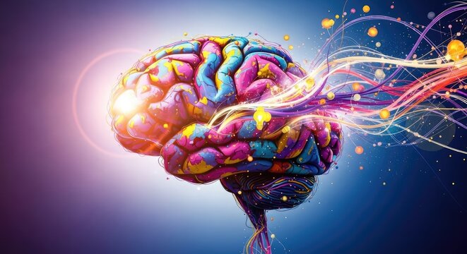Vibrant, colorful abstract brain explodes with creative energy and bright ideas, symbolizing innovation and mental power in a dynamic neural network.