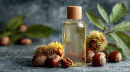A clear bottle of oil sits amid chestnuts, spiky husks, and leaves on a textured backdrop, evoking natural wellness