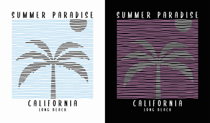 California t-shirt design with palm tree. Typography for t-shirt print with palm tree and color lines. Graphics for clothes, print product and apparel. Vector. © Roman