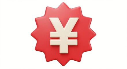Obraz premium Symbol of Yen: 3D render of a white yen currency symbol on a red starburst shape, isolated against a plain white background.