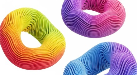 Three abstract torus sculptures display vibrant color gradients on a clean white transparent background