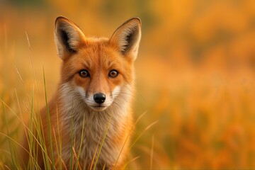 Fototapeta premium Red Fox in Golden Autumn Grassland Capturing Nature's Beauty in Warm Hues and Soft Light, Perfect for Wildlife Lovers, Outdoor Enthusiasts, and Seasonal Themed Projects.
