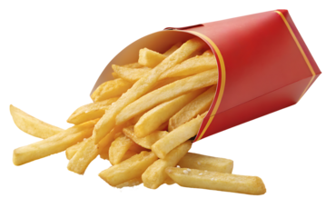 Golden french fries spilling from red cardboard container, fast food side dish presentation, isolated on a transparent background