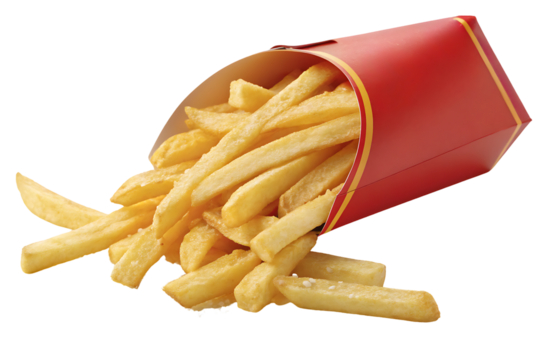 Golden french fries spilling from red cardboard container, fast food side dish presentation, isolated on a transparent background