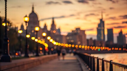 Fototapeta premium Blurred city sunset lightscape, urban bokeh background
