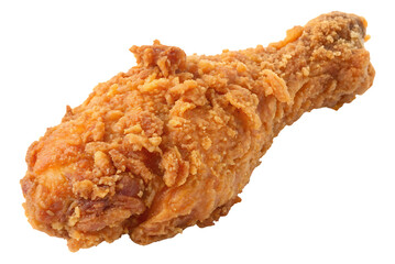 Single piece of golden brown fried chicken with crispy textured coating and seasoning, isolated on a transparent background