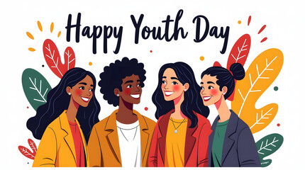 Diverse group of young women celebrating happy youth day with vibrant foliage and celebratory elements