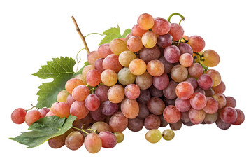 Fototapeta premium Colorful mixed grapes cluster with green leaves showing pink purple yellow varieties, isolated on a transparent background