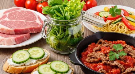Fresh ingredients ready for a delicious home-cooked meal featuring raw steak, vibrant salad, pasta, and savory meat sauce.