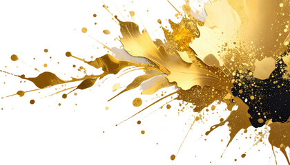 Metallic gold splatter with glittering brushstrokes on luxury minimalist white canvas