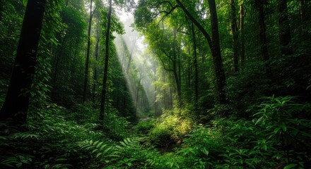 Naklejka premium Sunbeams pierce lush green jungle canopy illuminating a serene, untouched forest path creating a magical, tranquil atmosphere