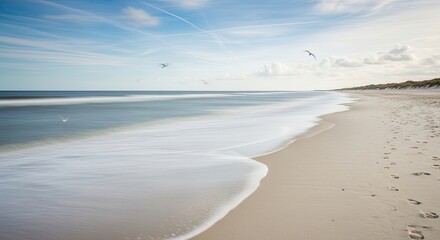 Soothing seascape captures tranquil beach with gentle waves, footprints, and soaring seagulls under a vast, cloudy sky