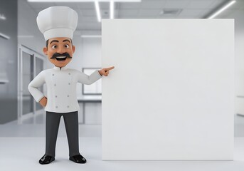 chef pointing a big blank whiteboard or placard, cartoon 3D illustration, isolated on white background