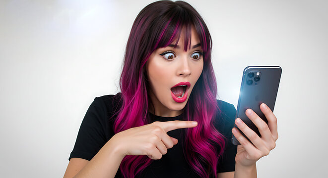 young woman using mobile phone Astonished young woman with pink hair reacts to shocking smartphone content; surprised, amazed expression; bright, vibrant, emotional stock photo.