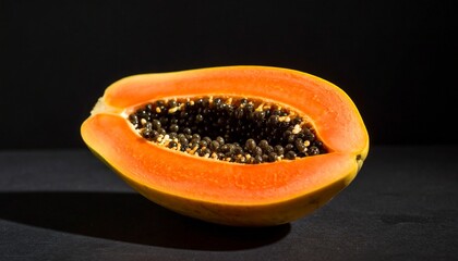 A ripe tropical papaya sliced open to reveal its vibrant orange flesh and glossy black seeds, glowing with freshness against a dark background, radiating exotic appeal