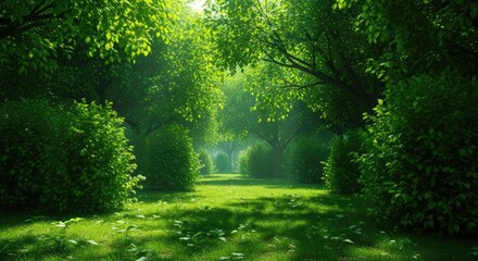 Fototapeta premium Lush green park with sunlight streaming through the trees creating a serene and peaceful atmosphere, perfect for relaxation and rejuvenation