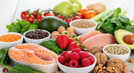 Healthy eating with fresh ingredients including salmon, berries, avocado, and nuts for a vibrant, nutritious lifestyle
