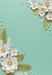 Obraz premium Elegant floral arrangement with white flowers, gold leaves, and pearl accents on a soft teal background. Festive decoration.