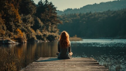 A person with flowing red hair sits on a wooden dock overlooking a serene lake surrounded by trees and distant mountains