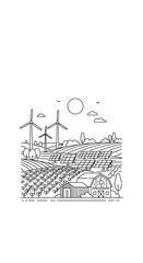 Obraz premium Sustainable Farm with Wind Turbines and Solar Panels Line Art Illustration