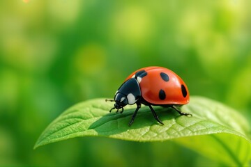 Fototapeta premium Ladybug on Leaf in Lush Greenery, Close-Up Nature Photography Capturing Red Ladybird with Black Spots, Perfect for Spring and Summer Themes in Botanical and Wildlife Imagery, Serene Scene