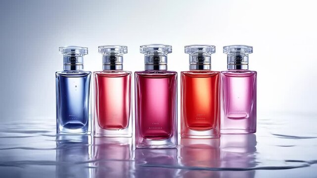 Four perfume bottles in various shades of pink and blue, submerged in water with splashing effects