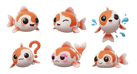Adorable cartoon goldfish showcasing diverse expressions and poses.