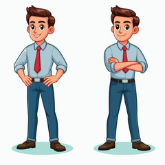 Cartoon illustration of a young man in a blue shirt, red tie, and jeans, standing with hands on hips and arms crossed.