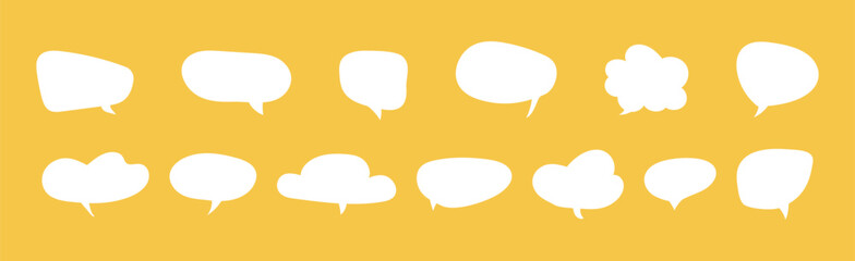 Speech bubble stickers. Fun dialogue white backdrops. Chat box, empty social media message balloon, silhouette samples. Communication network symbols in doodle style. Information, idea, quote icons.