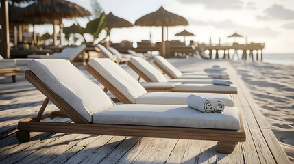 Sun-drenched beach loungers on a pristine boardwalk, bathed in golden light, with soft towels laid ready for relaxation.  Tropical beach umbrellas and a pier visible in the background