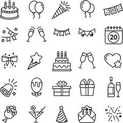 Confetti - Celebration Icon Set | Adjustable Line Weight | Cake, Balloons, Party Popper, Banner, Calendar, Bow, Star Cone, Champagne, Heart, Gift, Bell, Balloon, Present, Wine.