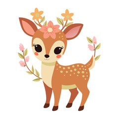 Adorable Cartoon Fawn with Floral Headpiece: Springtime Nursery Decor, Cute Animal Illustration, Kawaii Style