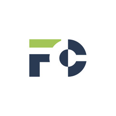 The image shows a logo design of a monogram with initial letters FC in dark grey and green color in simple flat style that looks clean and modern on a white background