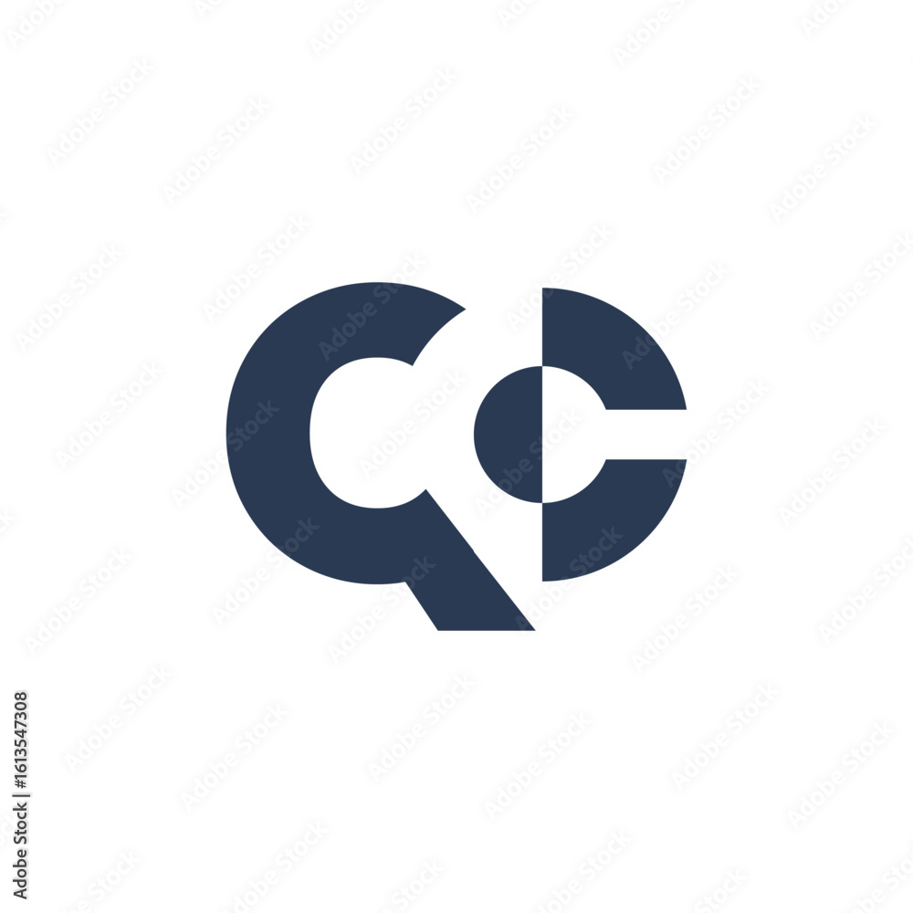 Poster the image shows a logo design of a monogram with initial letters qc in dark color in simple flat sty