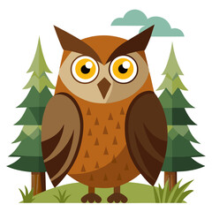 Friendly Cartoon Owl in Forest Setting:  Flat Design, Nature Illustration, Childish Style