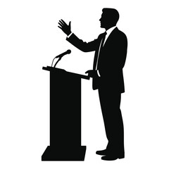 Silhouette of a businessman giving a speech at a podium