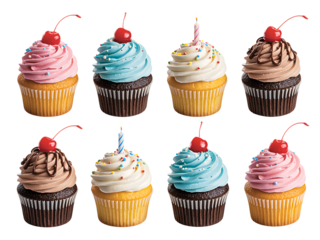 A collection of eight colorful cupcakes topped with frosting, cherries, and sprinkles isolated on transparent background