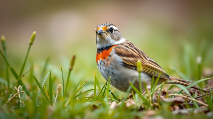 A  red-throated pipit (Anthus cervinus) female sits on the ground among the grass and looks at the camera. Close upand detailed photo