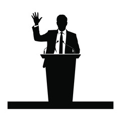 Silhouette of a businessman giving a speech at a podium with his hand raised